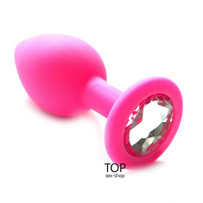 Силиконовая розовая анальная пробка с прозрачным кристаллом Lovetoy S Pink