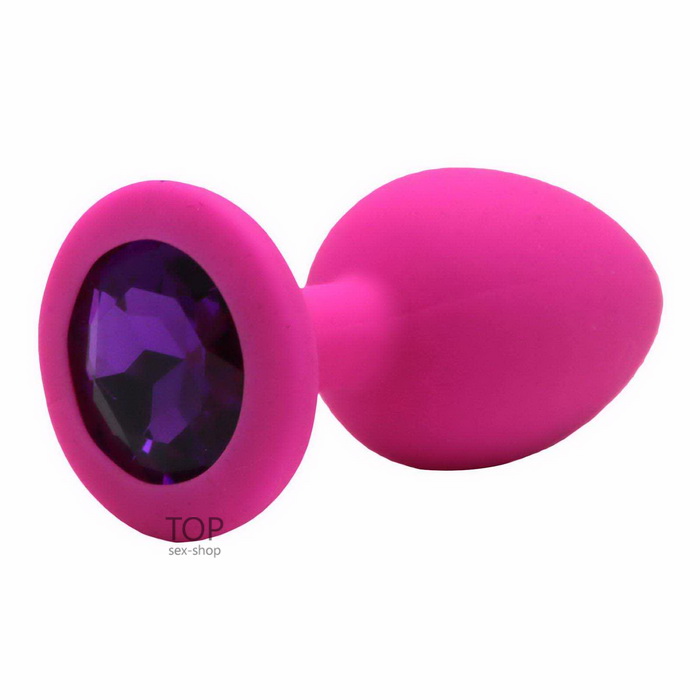 Силиконовая розовая анальная пробка с фиолетовым кристаллом Lovetoy S Pink